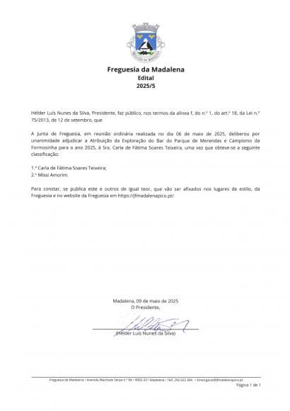 Adjudica&ccedil;&atilde;o da Explora&ccedil;&atilde;o do Bar, do Parque de Merendas e Campismo da Formosinha para 2025