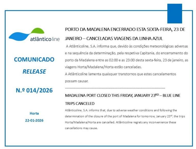 Encerramento do Porto da Madalena e Viagens da Linha Azul - ATL&Acirc;NTICOLINE 
