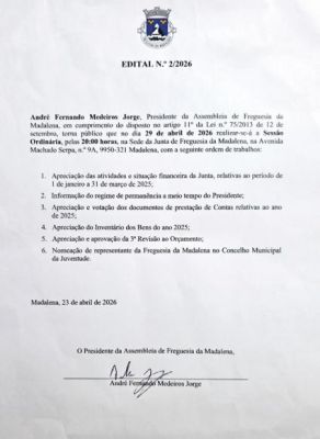 Edital n.&ordm; 2/2026 - Sess&atilde;o Ordin&aacute;ria da Assembleia de Freguesia