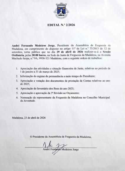 Edital n.&ordm; 2/2026 - Sess&atilde;o Ordin&aacute;ria da Assembleia de Freguesia