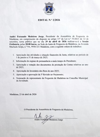 Edital n.&ordm; 2/2026 - Sess&atilde;o Ordin&aacute;ria da Assembleia de Freguesia