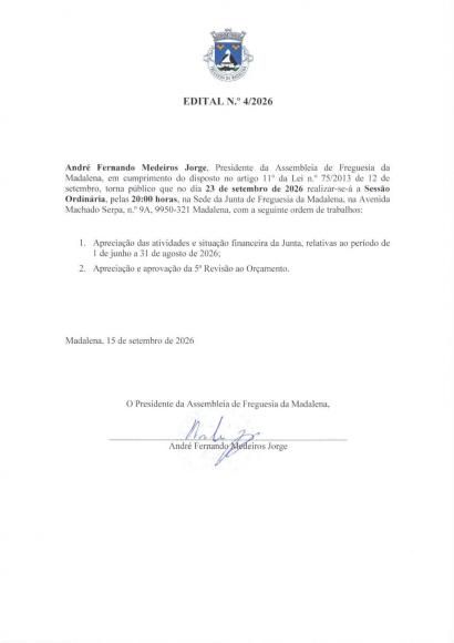 Sess&atilde;o Ordin&aacute;ria da Assembleia de Freguesia da Madalena 