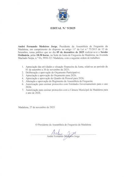 Edital n.&ordm; 5/2025 - Assembleia de Freguesia 