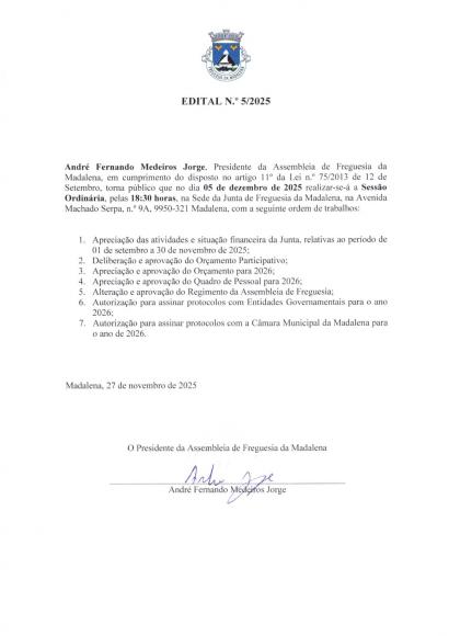 Edital n.º 5/2025 - Assembleia de Freguesia 